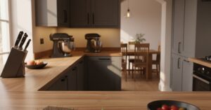 Szare meble kuchenne z drewnianym blatem: Twój wymarzony azyl