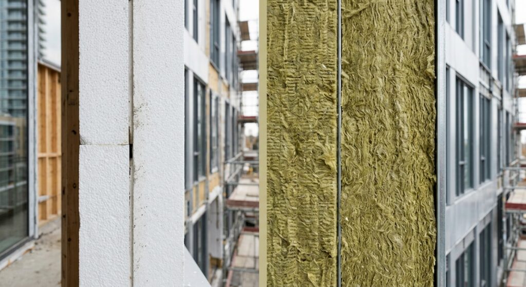 A split-screen professional architectural photography shot comparing a close-up texture of white pol