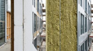A split-screen professional architectural photography shot comparing a close-up texture of white pol