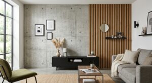 A professional interior design photograph showcasing a modern living room wall with a striking blend