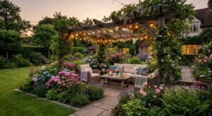 Lush backyard garden design featuring a wooden pergola, comfortable outdoor lounge seating, vibrant