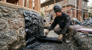 A professional editorial photograph showing a close-up of a worker applying bitumen waterproofing me