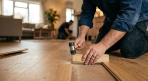 A professional, close-up shot of a craftsman's hands carefully installing a modern wooden laminate f