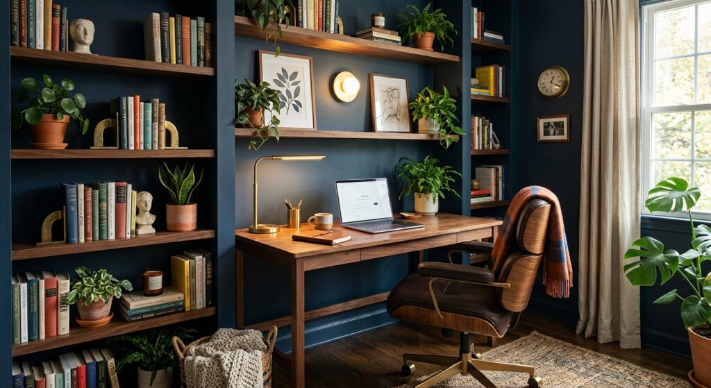 Cozy home office nook with dark navy walls, walnut shelving filled with plants and books, ergonomic