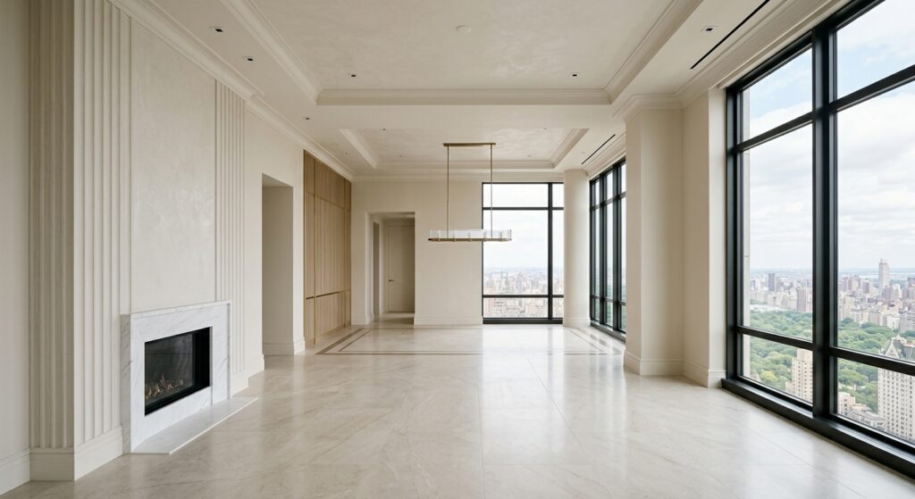 A high-end, modern apartment interior in a neutral developer state with elegant architectural detail