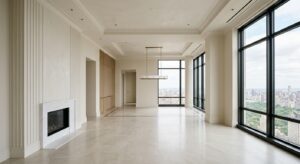 A high-end, modern apartment interior in a neutral developer state with elegant architectural detail