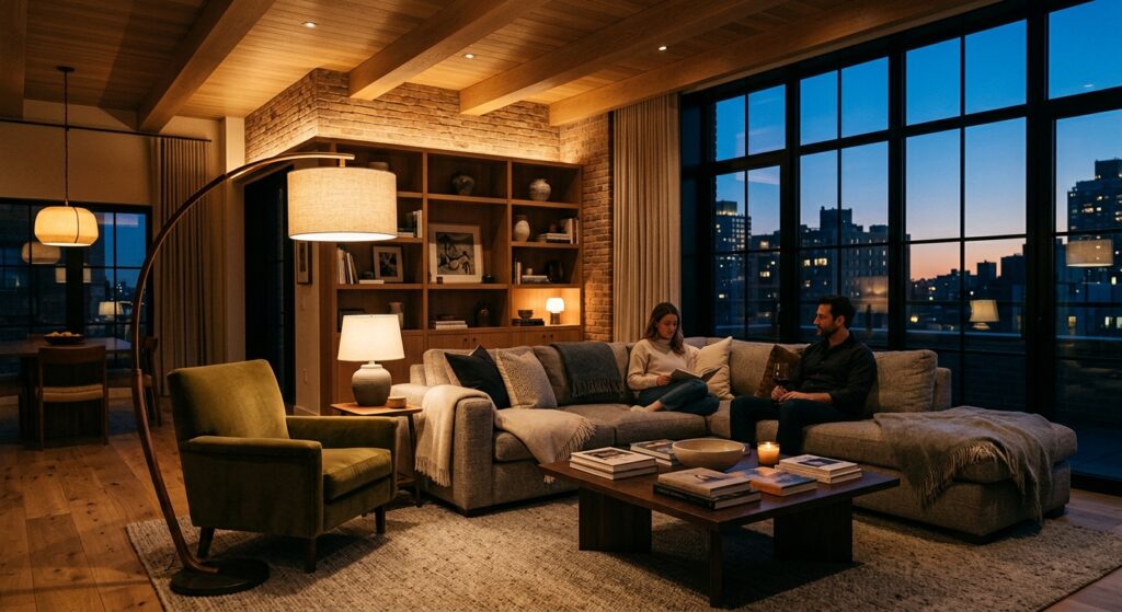 A high-end editorial photograph of a cozy, modern living room at dusk, featuring warm layered lighti