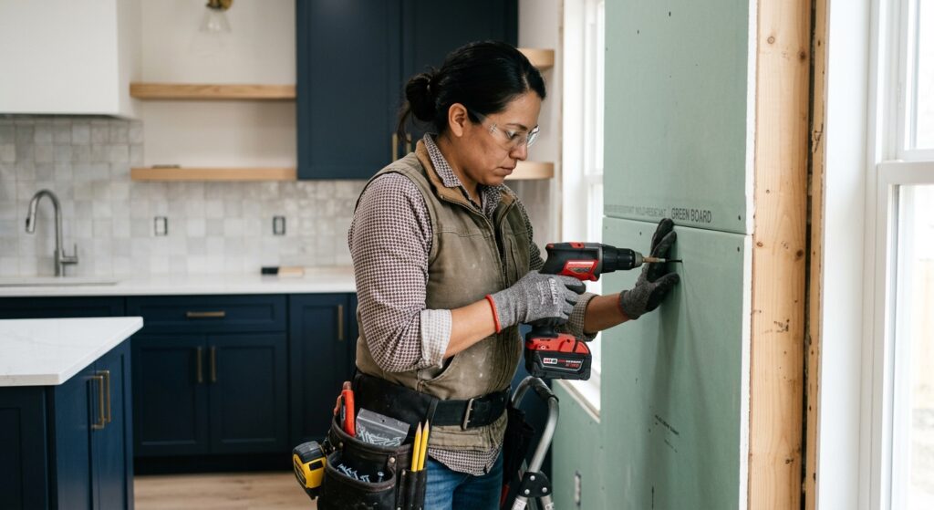 A high-quality, editorial-style close-up of a professional construction worker installing moisture-r