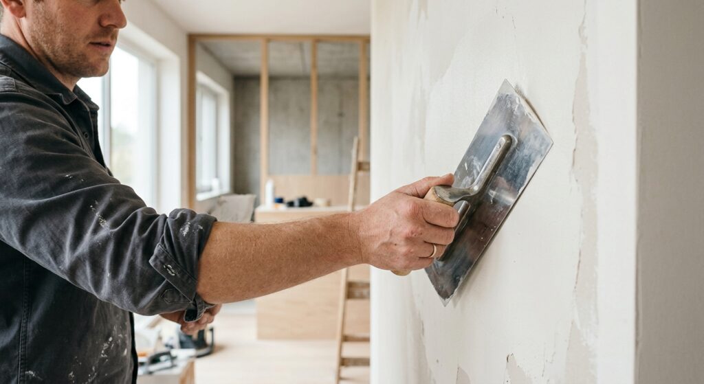 A professional close-up shot of a craftsman's hand using a steel trowel to apply smooth plaster onto