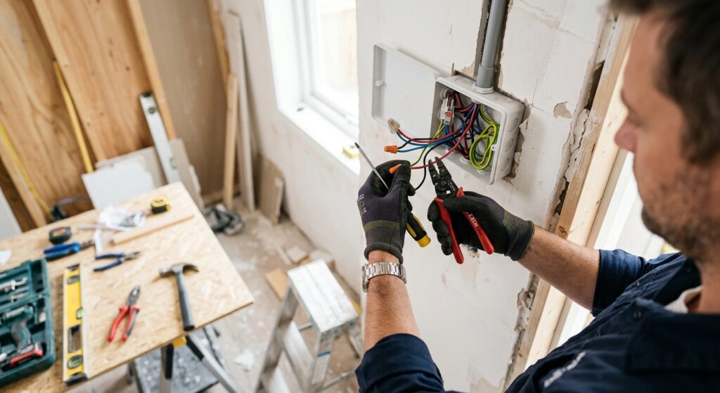 A high-angle, professional editorial shot of an electrician’s hands carefully wiring a modern juncti