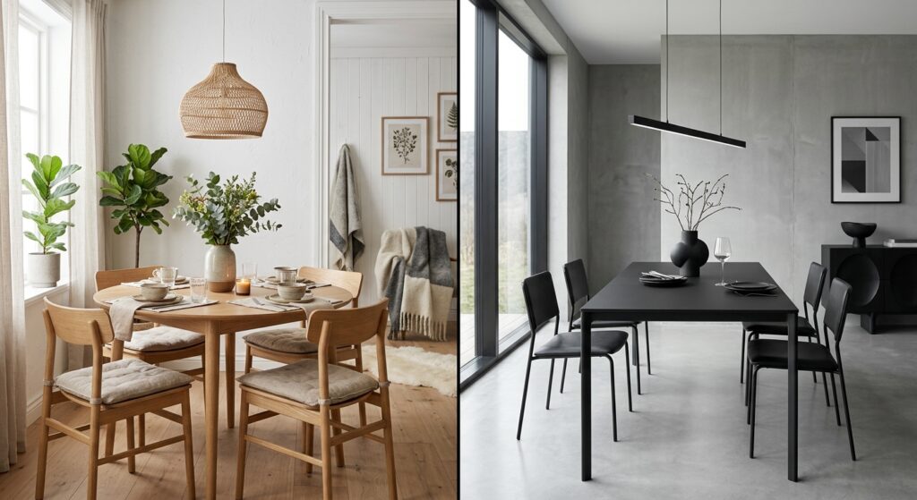 A high-end editorial split-screen composition comparing a cozy Scandinavian dining room with light w