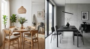 A high-end editorial split-screen composition comparing a cozy Scandinavian dining room with light w