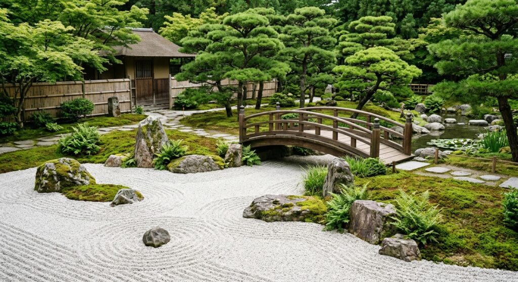 A serene, professionally designed Japanese zen garden featuring carefully raked gravel, minimalist m