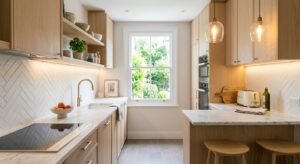 A bright, airy, and modern small kitchen styled with light oak cabinetry, white marble countertops,