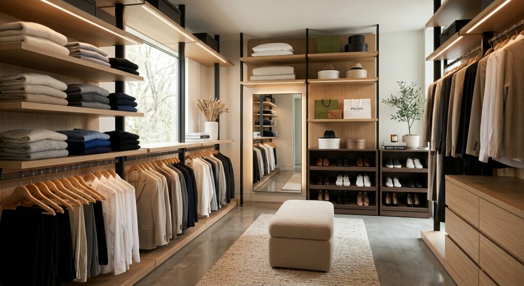 A high-end, editorial-style photograph of a perfectly organized walk-in closet with minimalist shelv