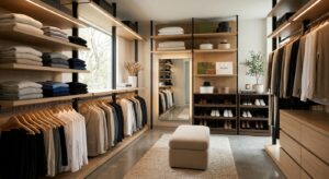 A high-end, editorial-style photograph of a perfectly organized walk-in closet with minimalist shelv