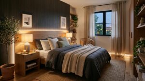 A professional interior design photograph of a cozy, modern bedroom featuring warm, layered ambient