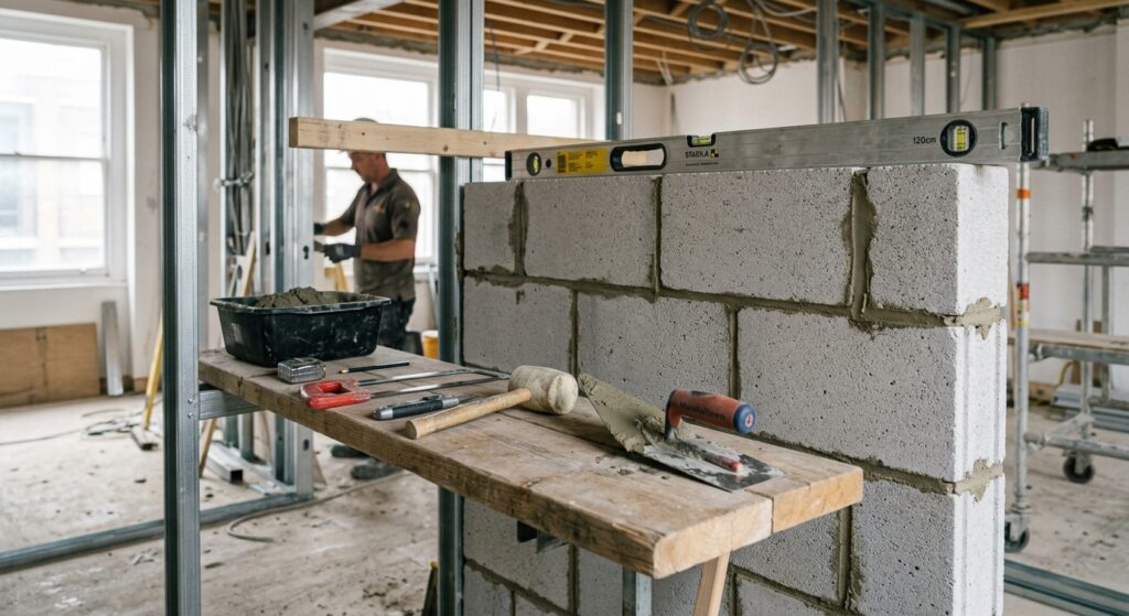 A professional, editorial-style close-up shot of an unfinished partition wall made of aerated concre