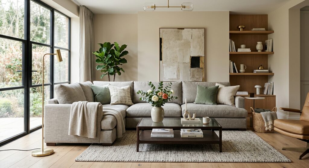 A high-end editorial photograph of a stylish modern living room featuring a comfortable fabric sofa,