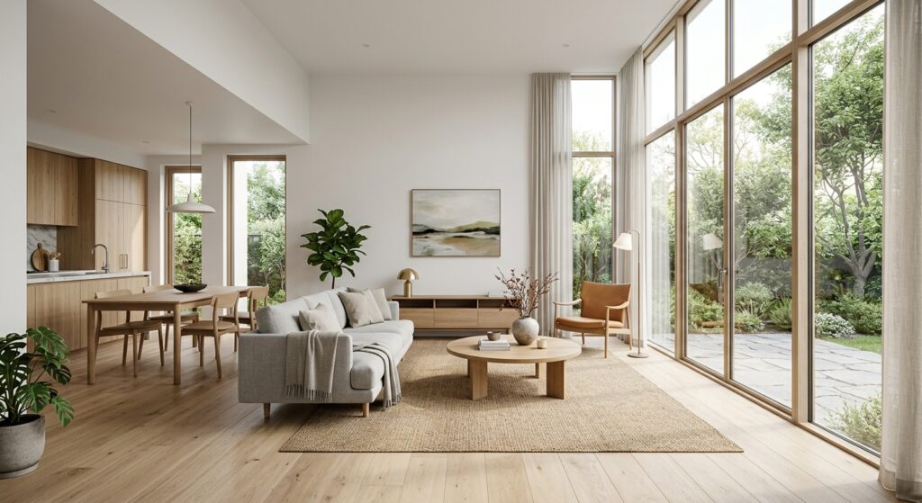 Modern Scandinavian living room interior with open floor plan, floor-to-ceiling windows, light oak f