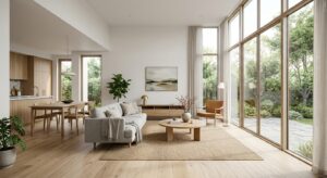 Modern Scandinavian living room interior with open floor plan, floor-to-ceiling windows, light oak f