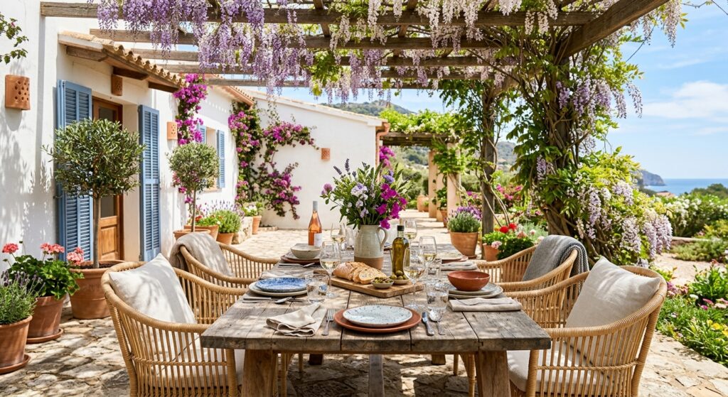 Outdoor dining patio setup with stylish rattan furniture, ceramic tableware, a rustic wooden table,