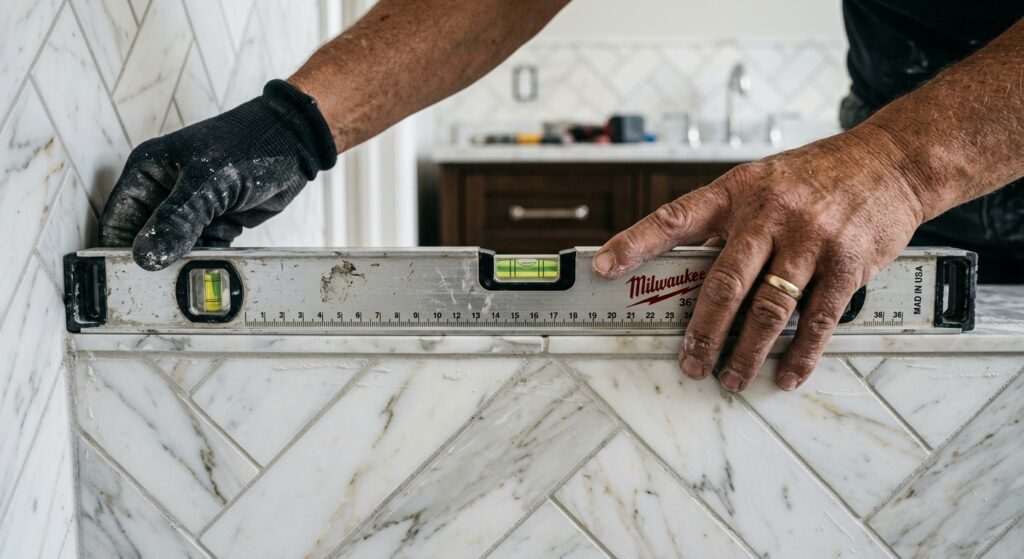 Close-up shot of a professional renovator's hands using a spirit level on a freshly tiled bathroom w