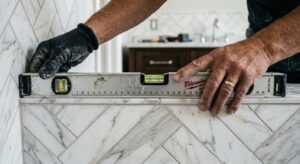Close-up shot of a professional renovator's hands using a spirit level on a freshly tiled bathroom w