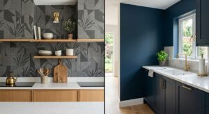 A stylish, split-screen composition showing a modern kitchen interior featuring a textured designer