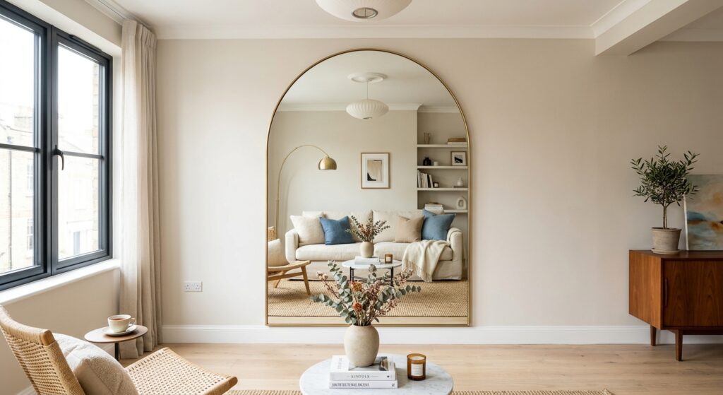 A bright, modern small living room interior styled with an elegant large wall mirror that reflects t