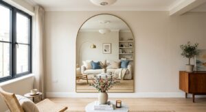 A bright, modern small living room interior styled with an elegant large wall mirror that reflects t
