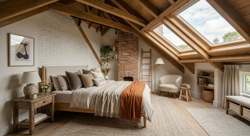A bright, cozy attic guest bedroom with warm wooden beams, soft textiles, large skylights, and moder