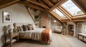 A bright, cozy attic guest bedroom with warm wooden beams, soft textiles, large skylights, and moder
