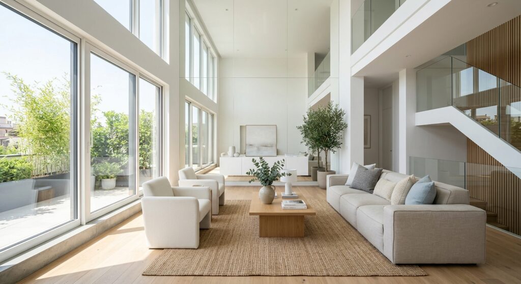 A bright, airy modern living room with minimalist furniture, large wall mirrors, and light color pal