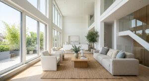 A bright, airy modern living room with minimalist furniture, large wall mirrors, and light color pal