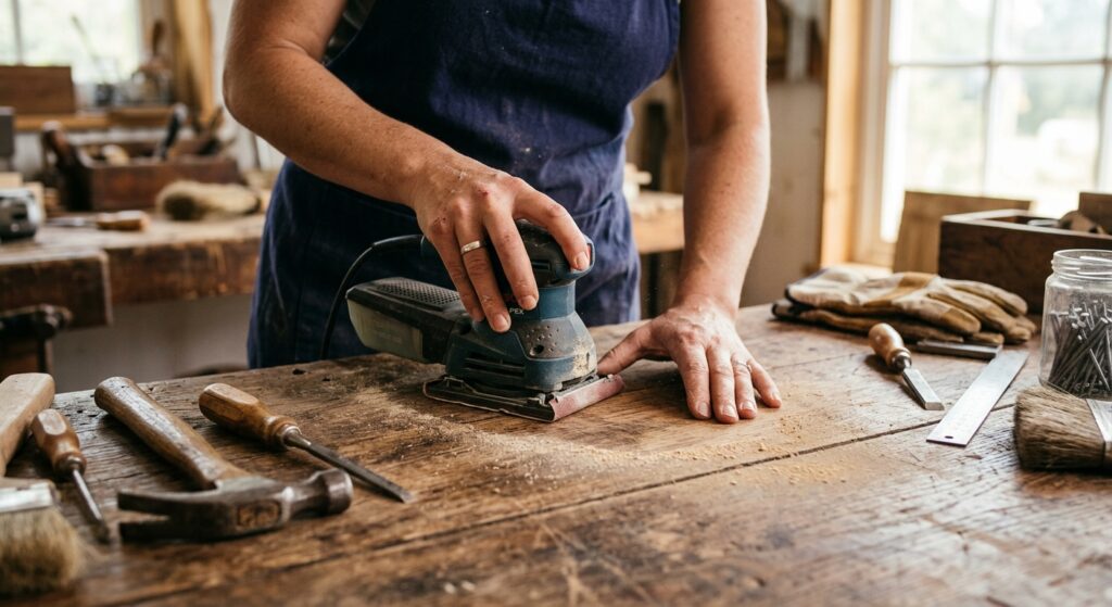 A high-quality, editorial-style close-up of a person’s hands professionally sanding a vintage wooden