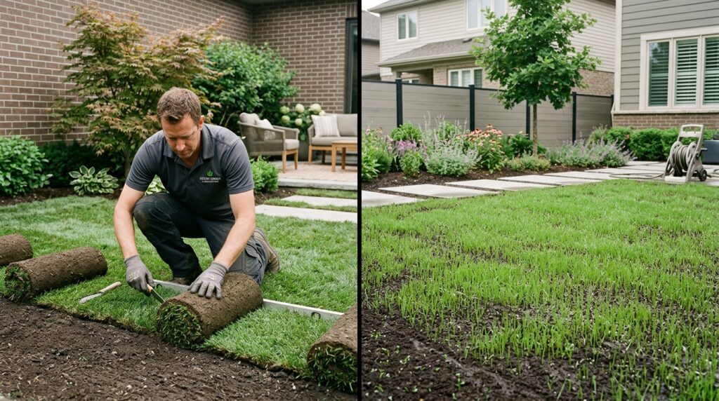 A high-quality, split-screen editorial photograph showing a professional gardener laying fresh sod o