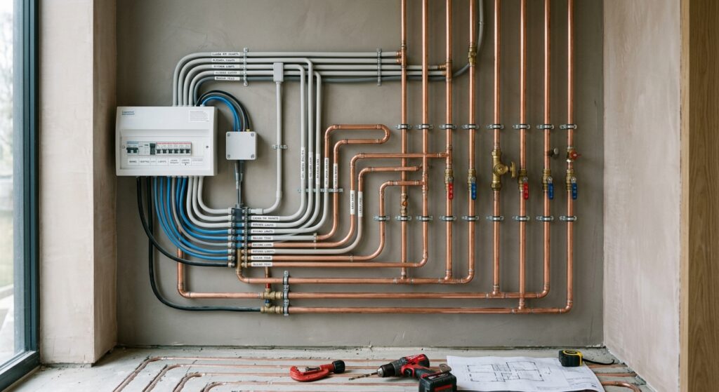 A high-end editorial shot featuring neatly organized copper pipes and electrical conduits against a
