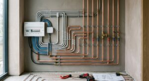 A high-end editorial shot featuring neatly organized copper pipes and electrical conduits against a