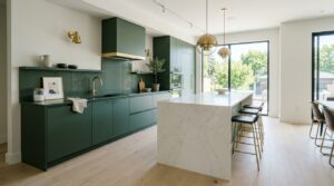 Contemporary kitchen interior with matte forest green cabinetry, gold fixtures, and a white quartz w