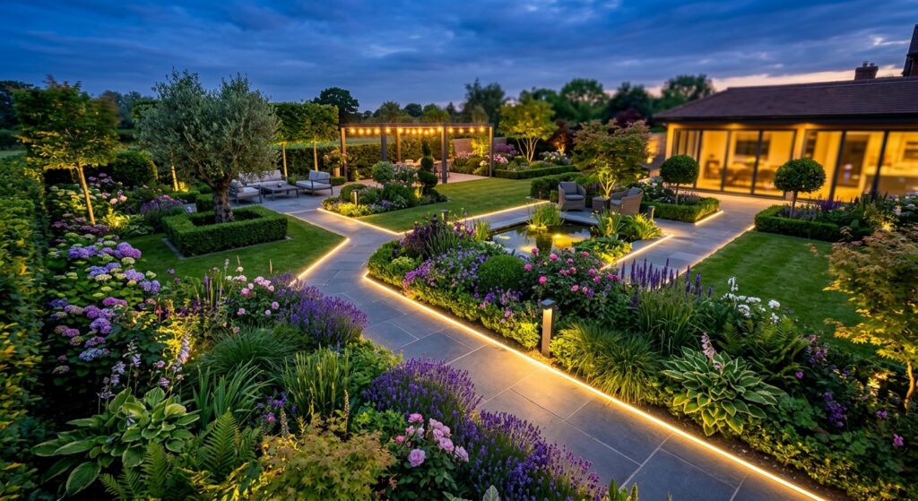 A high-angle, professional editorial shot of a lush, manicured garden at twilight, featuring warm LE