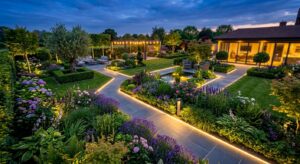 A high-angle, professional editorial shot of a lush, manicured garden at twilight, featuring warm LE