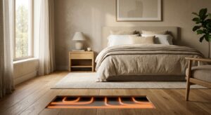 A high-end, cozy bedroom interior featuring blurred underfloor heating elements beneath elegant mini