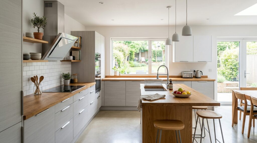 A photorealistic, wide-angle shot of a modern, bright L-shaped kitchen featuring ergonomic cabinetry