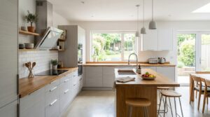 A photorealistic, wide-angle shot of a modern, bright L-shaped kitchen featuring ergonomic cabinetry