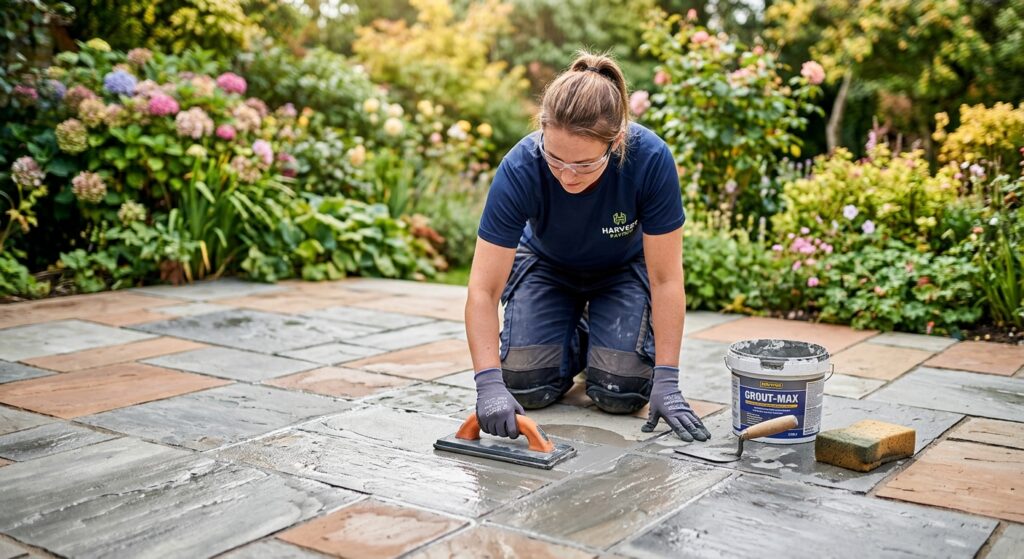 A high-angle, professional editorial shot of a worker applying grout to elegant outdoor patio tiles,