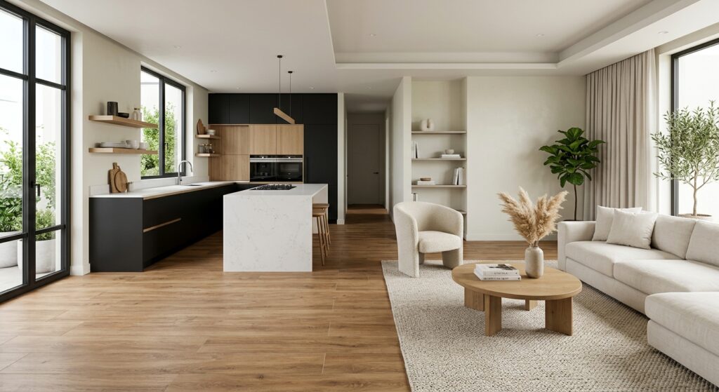 A high-end, editorial-style interior shot showing a seamless, open-plan apartment with warm wood-loo