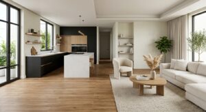 A high-end, editorial-style interior shot showing a seamless, open-plan apartment with warm wood-loo