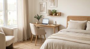 A stylish, minimalist home office corner integrated into a cozy, bright bedroom with neutral tones,