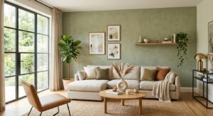 A bright, modern living room interior featuring an elegantly painted accent wall with a stylish text